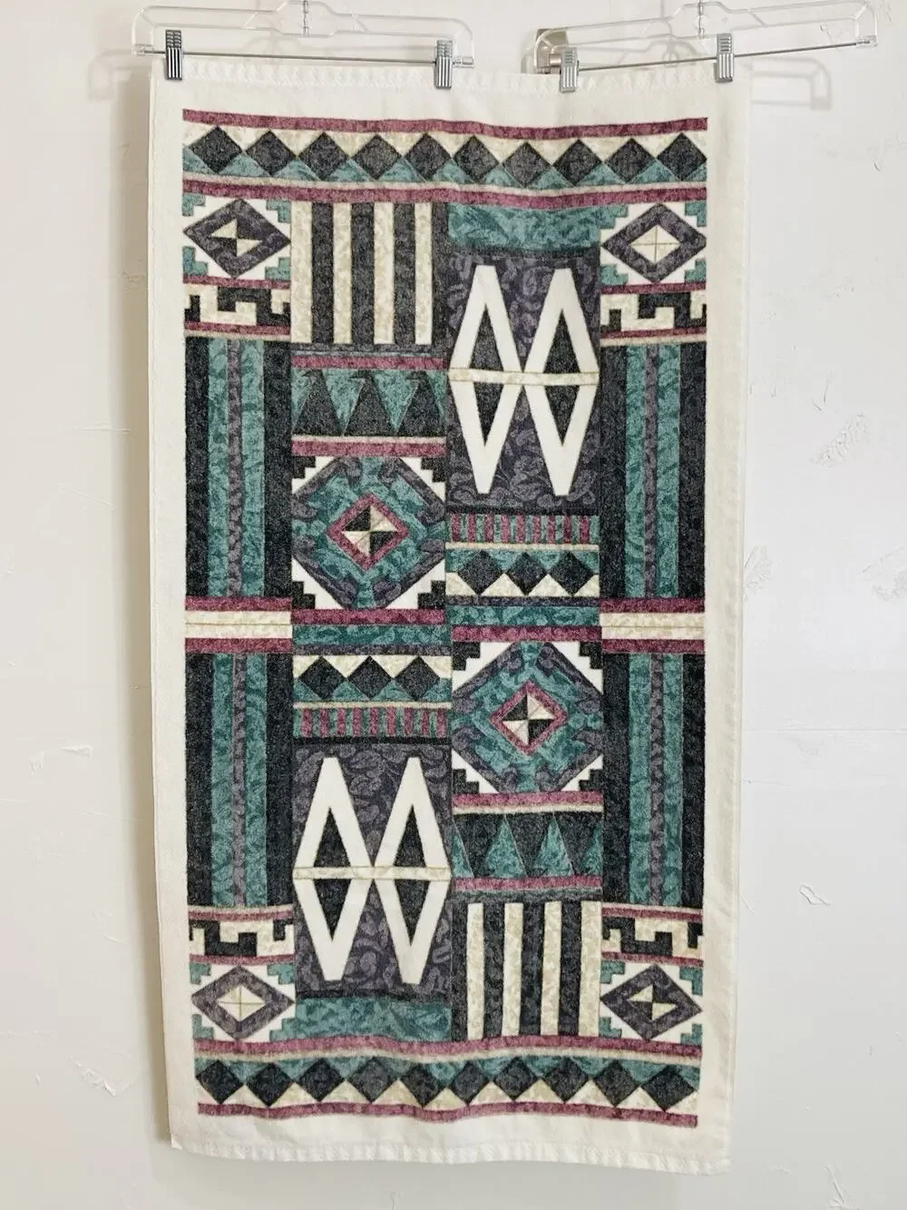 Vintage 1990s Springs Bath Towel USA Teal Geometric Vaporwave Memphis Design Dec